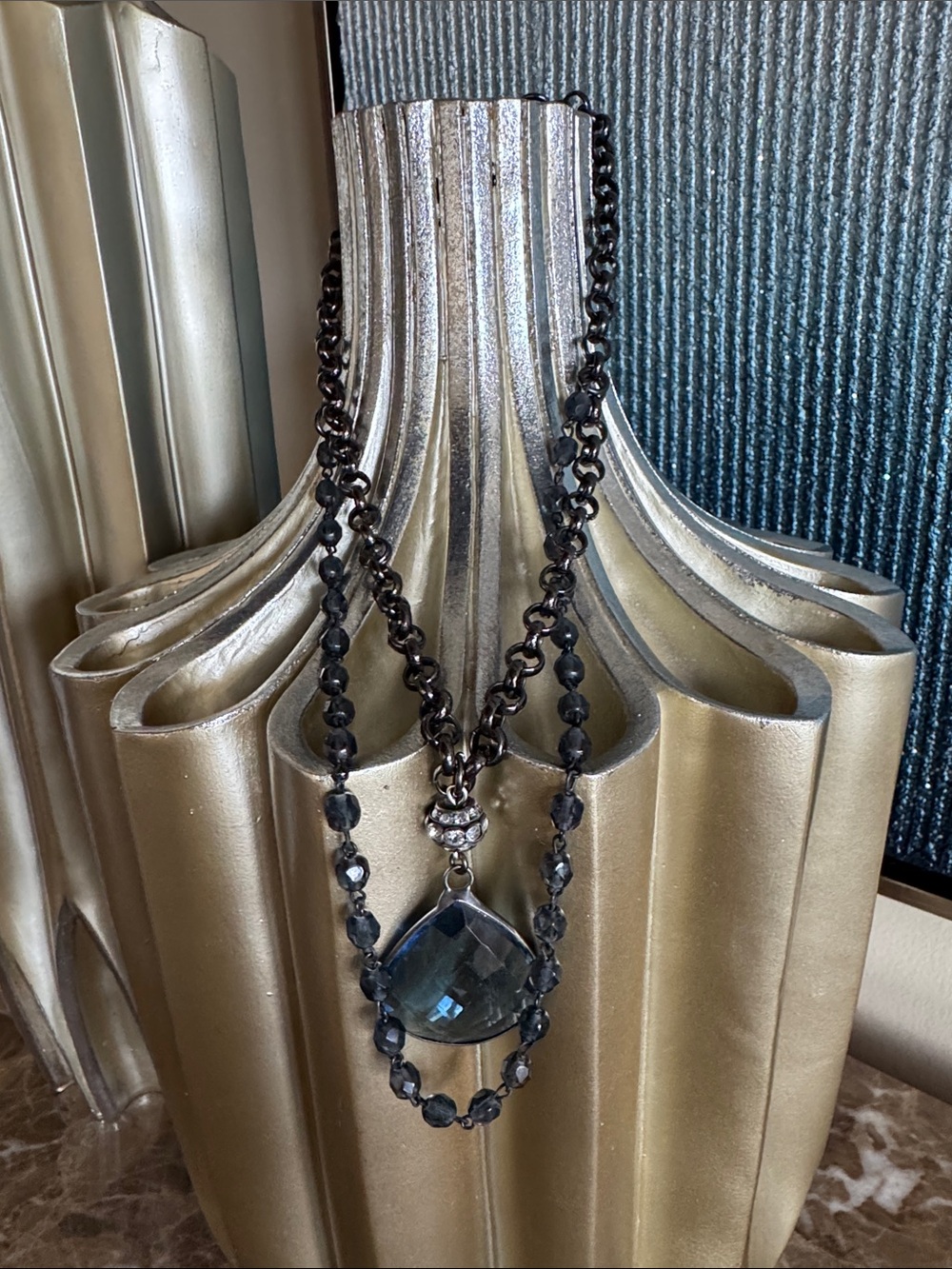 Statement Black Chain Necklace with Blue Pendant